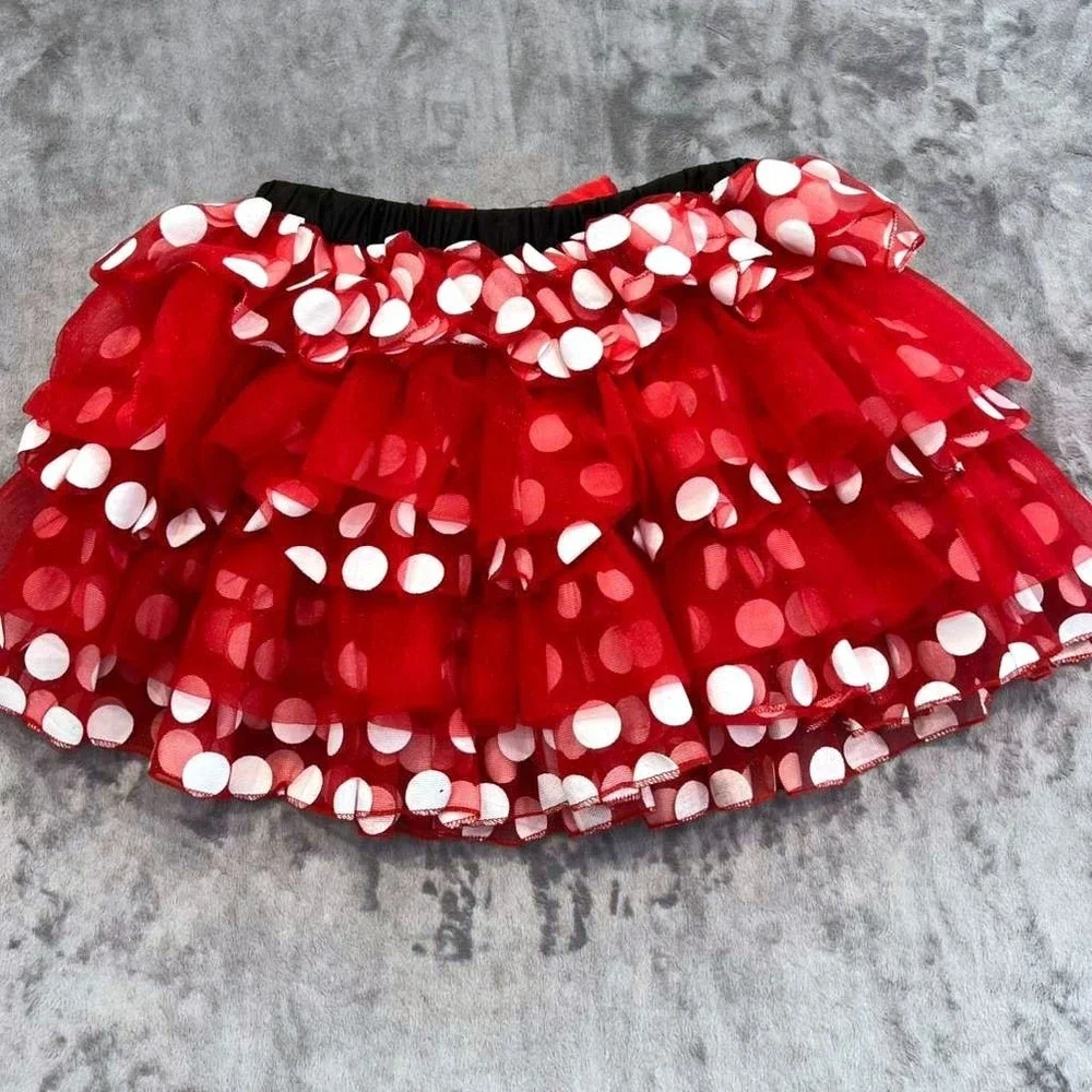 Disney Minnie Mouse Red Polka Dot Ruffle Tutu Skirt Sequin Bow Costume